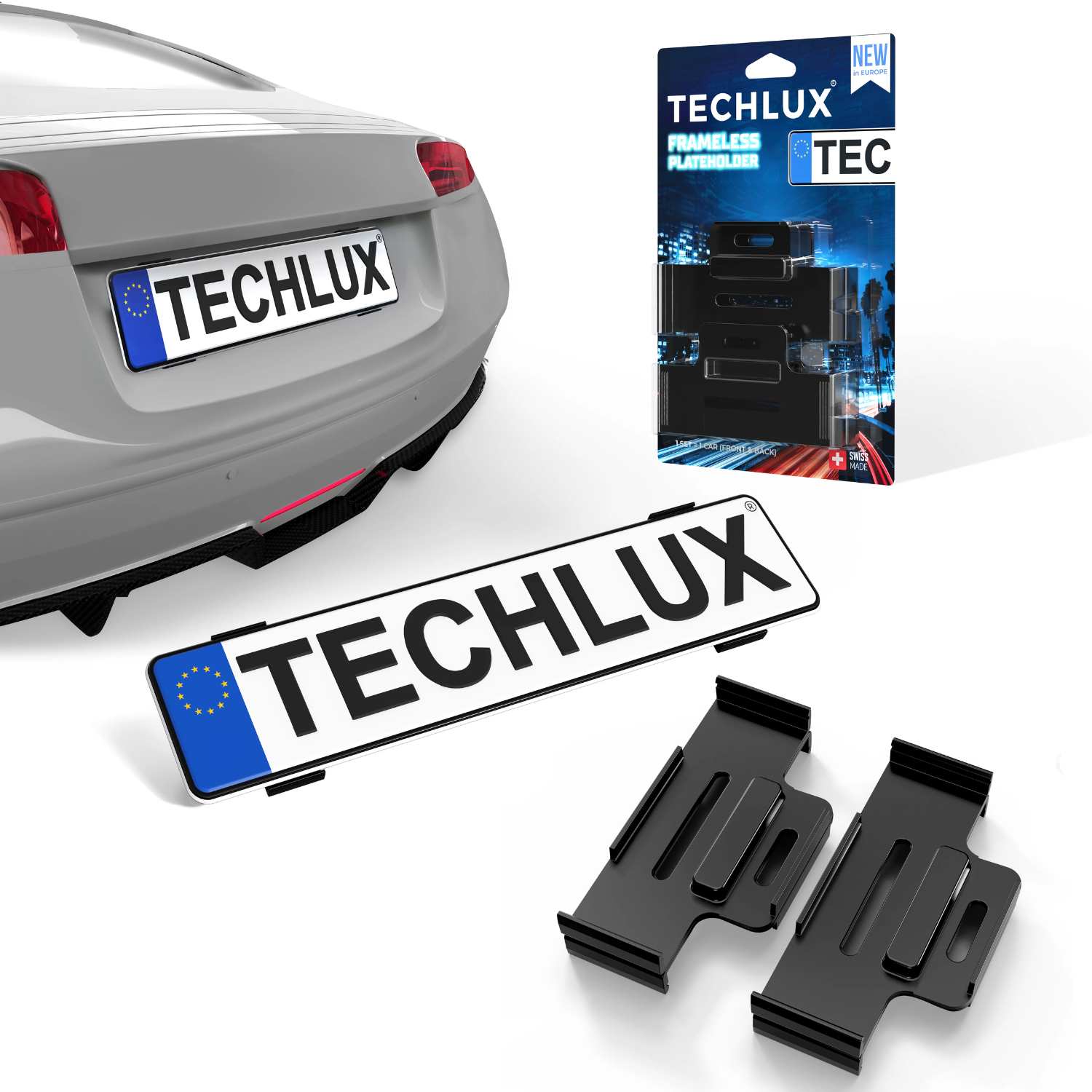 Láthatatlan rendszámtábla tartó fekete |Techlux P3 keretnélküli rendszámtábla tartó