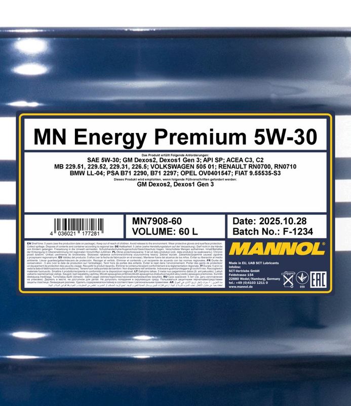 Motorolaj 5W-30 60L MANNOL Energy Premium 5W-30 7908
