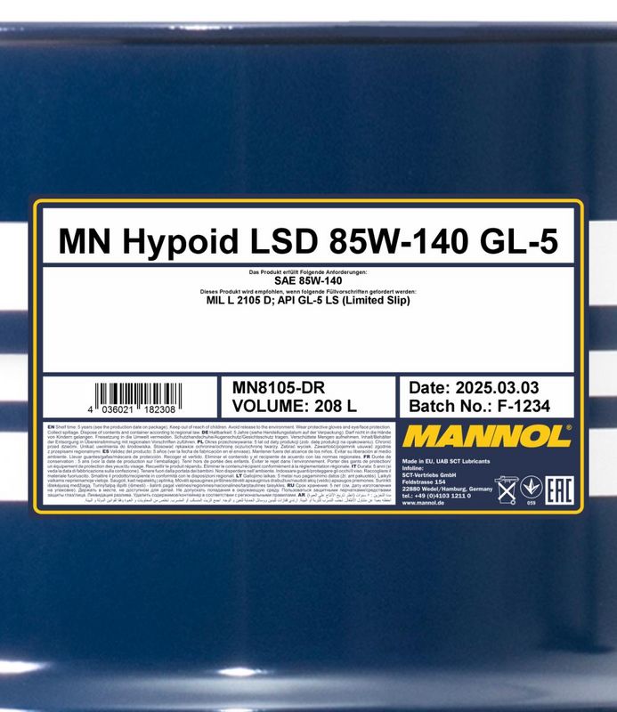 Váltóolaj 208L MANNOL Hypoid LSD 85W-140 GL-5 8105
