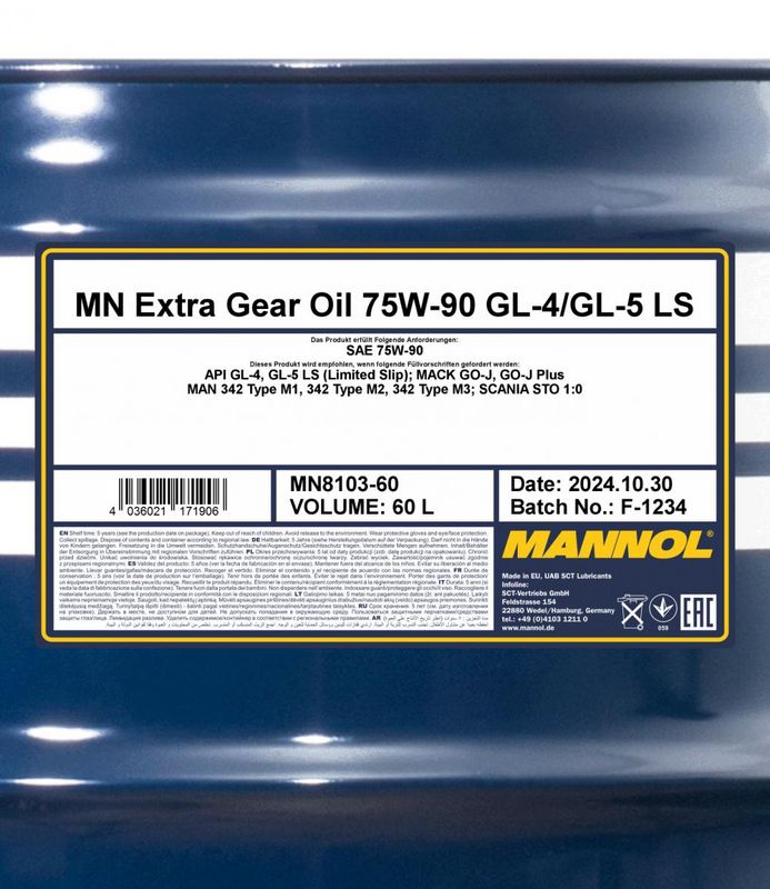 Váltóolaj 60L MANNOL Extra Gear oil 75W-90 GL-4/GL-5 LS 8103