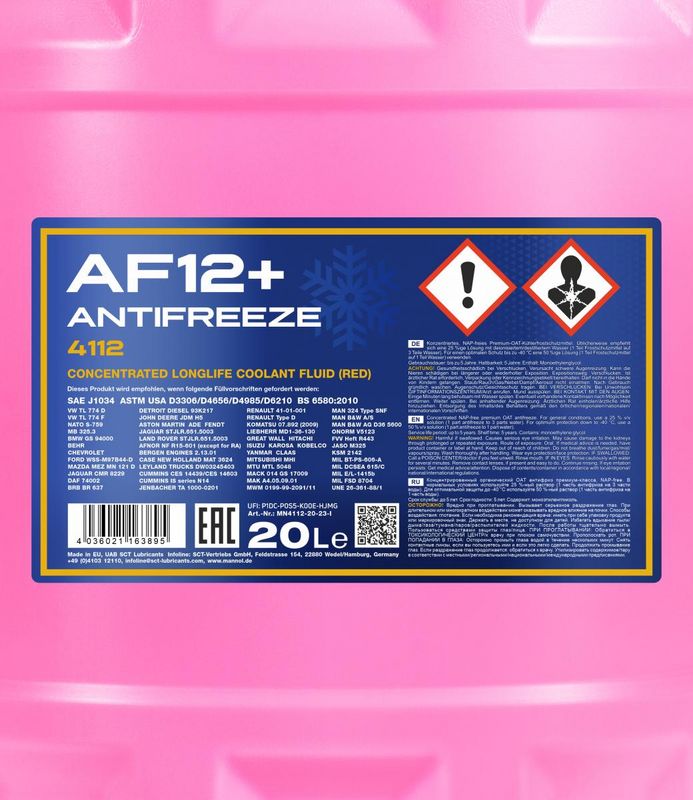 Fagyálló folyadék piros 20L MANNOL Antifreeze AF12+ Longlife 4112