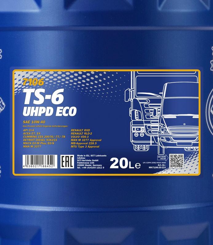 Motorolaj 10W-40 20L MANNOL TS-6 UHPD 10W-40 Eco 7106