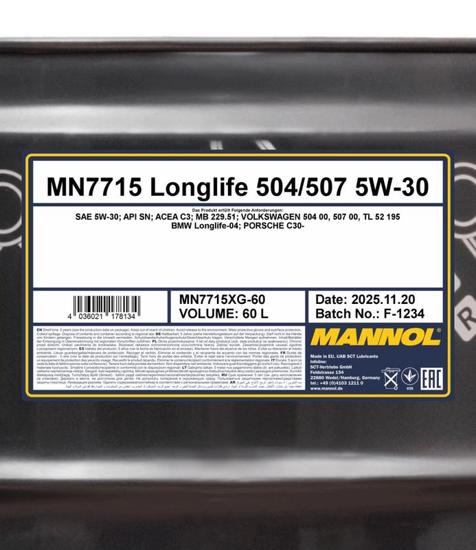 Motorolaj 5W-30 60L MANNOL Longlife 504/507 5W-30 7715