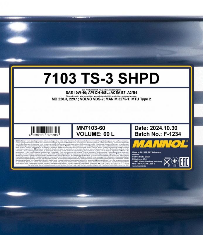 Motorolaj 10W-40 60L MANNOL TS-3 SHPD 10W-40 7103