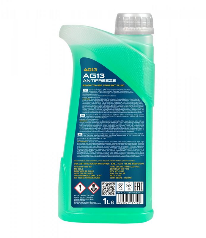 Fagyálló folyadék zöld 1L MANNOL Antifreeze AG13 (-40 °C) Hightec 4013
