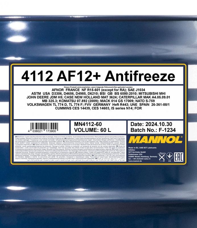 Fagyálló folyadék piros 60L MANNOL Antifreeze AF12+ Longlife 4112